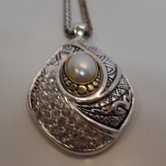 Silvertone, CZ, Goldtone & Faux Pearl Pendant Necklace on Adj 20" Chain - Picture 1 of 9